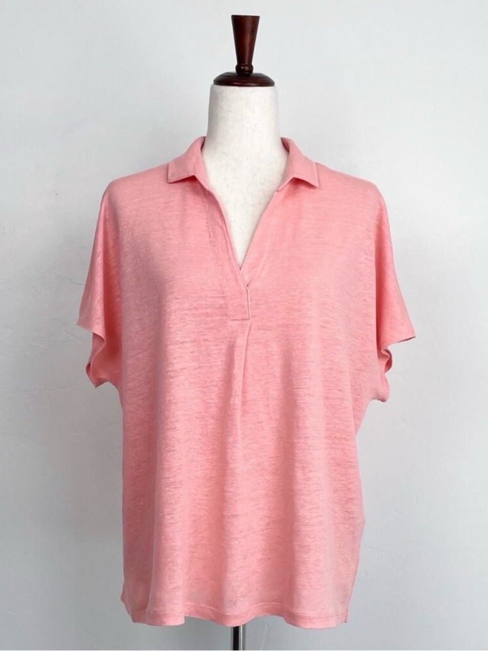 Chico's 100% Linen Beachy Pink Short Sleeve V-Neck Collar Easy Henley Top LARGE